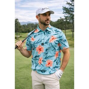Bad Birdie Men Golf Polo Shirt S Tropical Floral Performance Stretch Blue Aloha